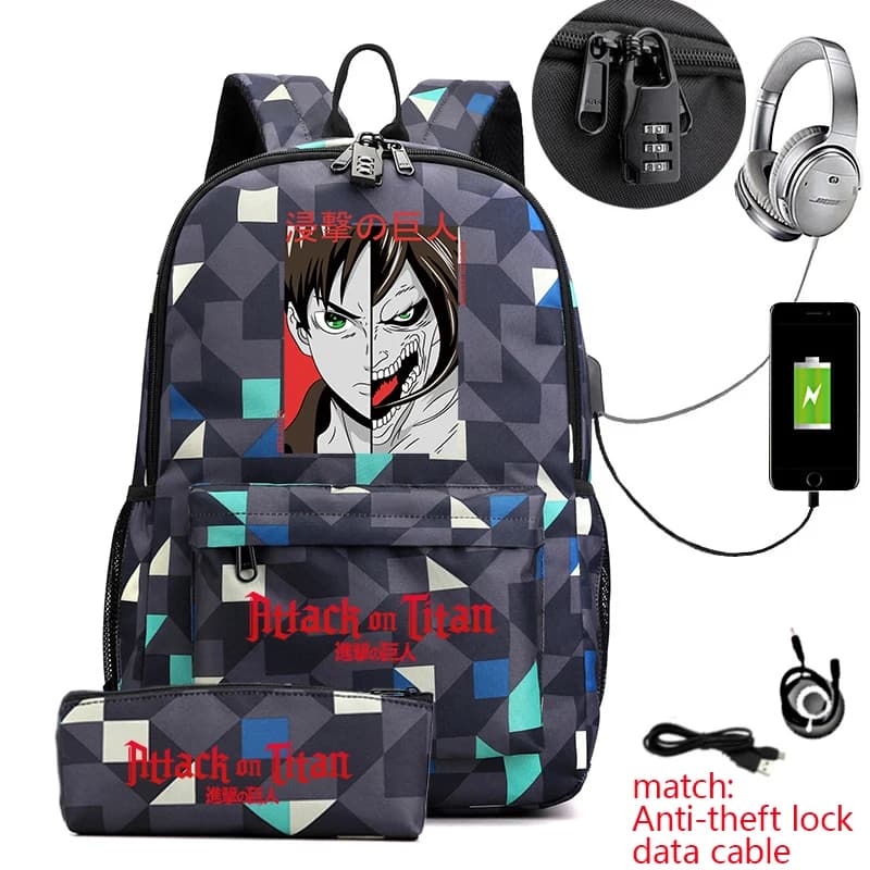 Zaino scolastico con stampa anime Attack on Titan, borsa antifurto per laptop per ragazzi e ragazze con astuccio