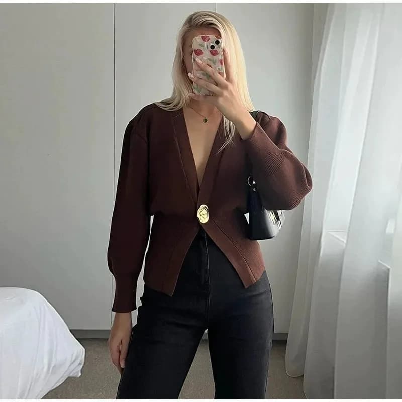 Women's V Neck Button Knit Cardigan Sweater, Hot Selling European American Style Outfit for AliExpress