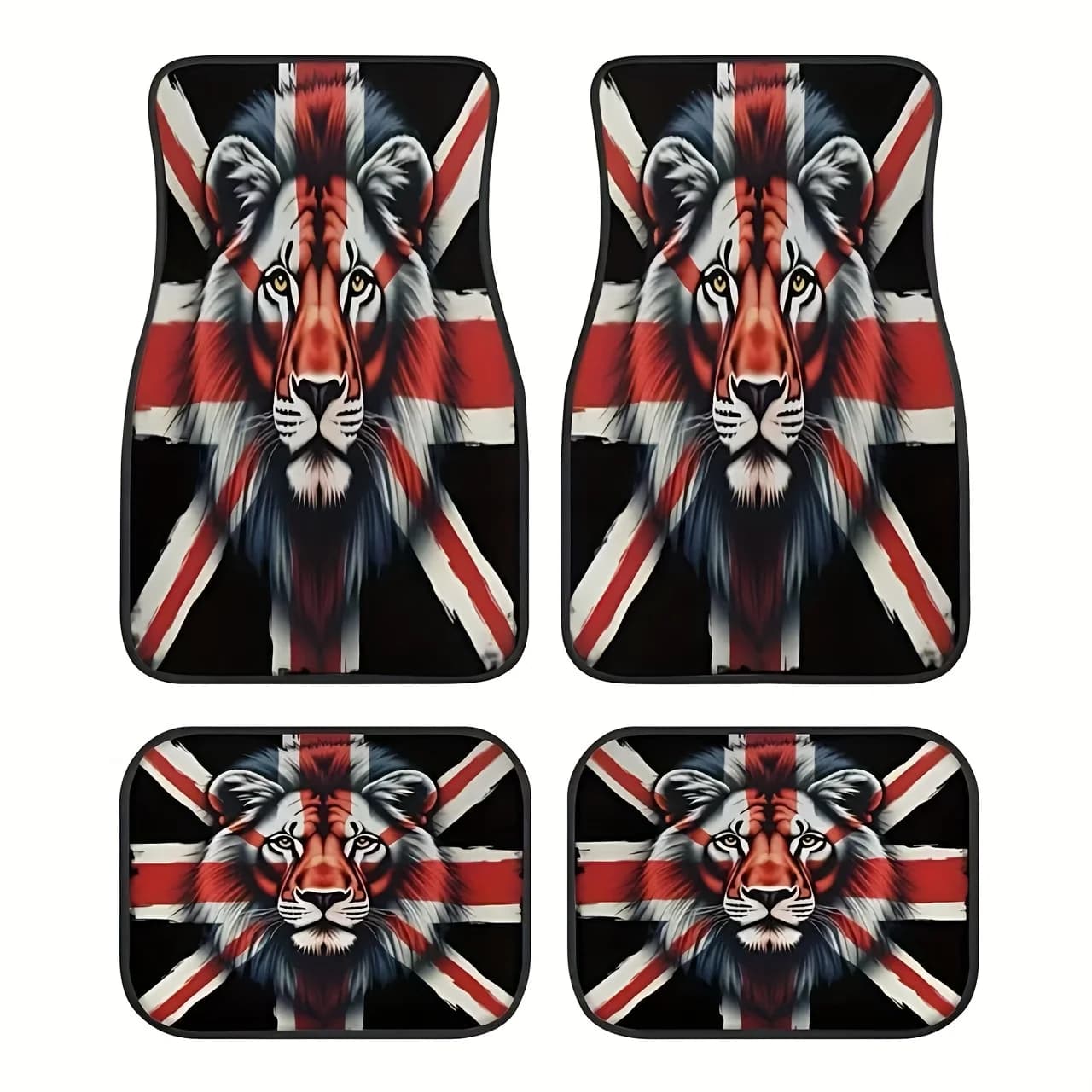 4pcs UK Flag Lion Pattern Car Floor Mats - Patriotic Red, White, And Blue Union Flag Interior Decor Soft Texture, Double-Layer C