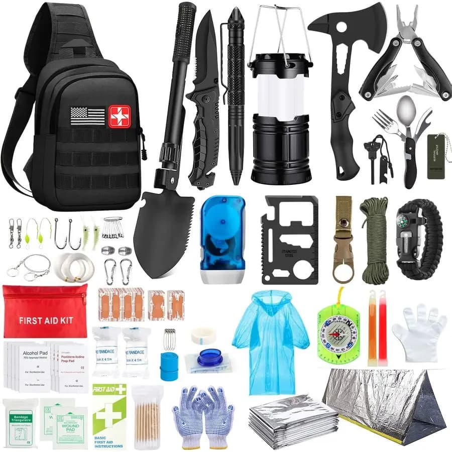Kit di Sopravvivenza, 151 Pezzi di Attrezzatura per la Sopravvivenza, Kit di Pronto Soccorso, Borsa per Traumi da Esterno con Torcia Tattica, Coltello, Pinze, Penna, Coperta, Braccialetto