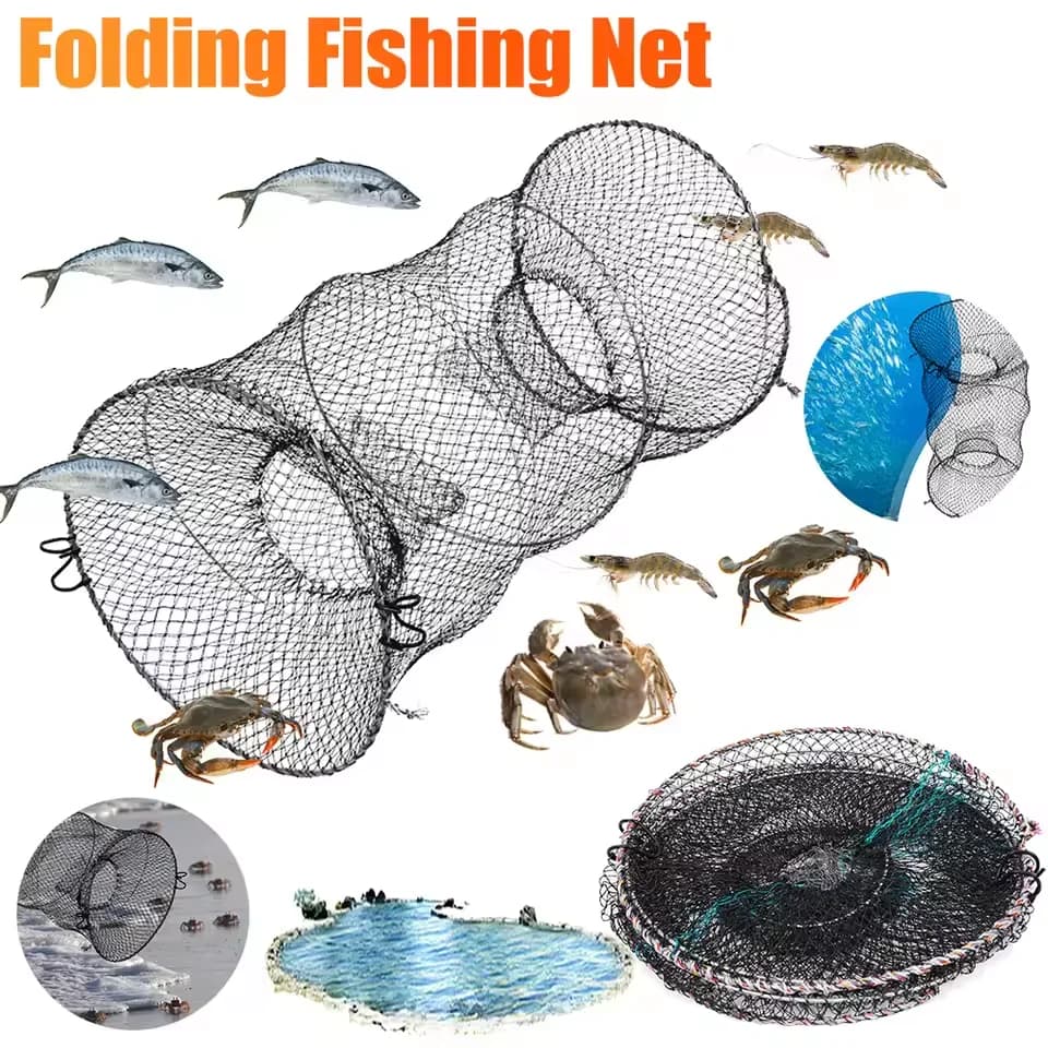 1 pz pieghevole rotondo maglia di nylon struttura in metallo pieghevole gamberi granchio pesce trappola rete gamberetti gabbia per aragosta attrezzatura da pesca accessorio