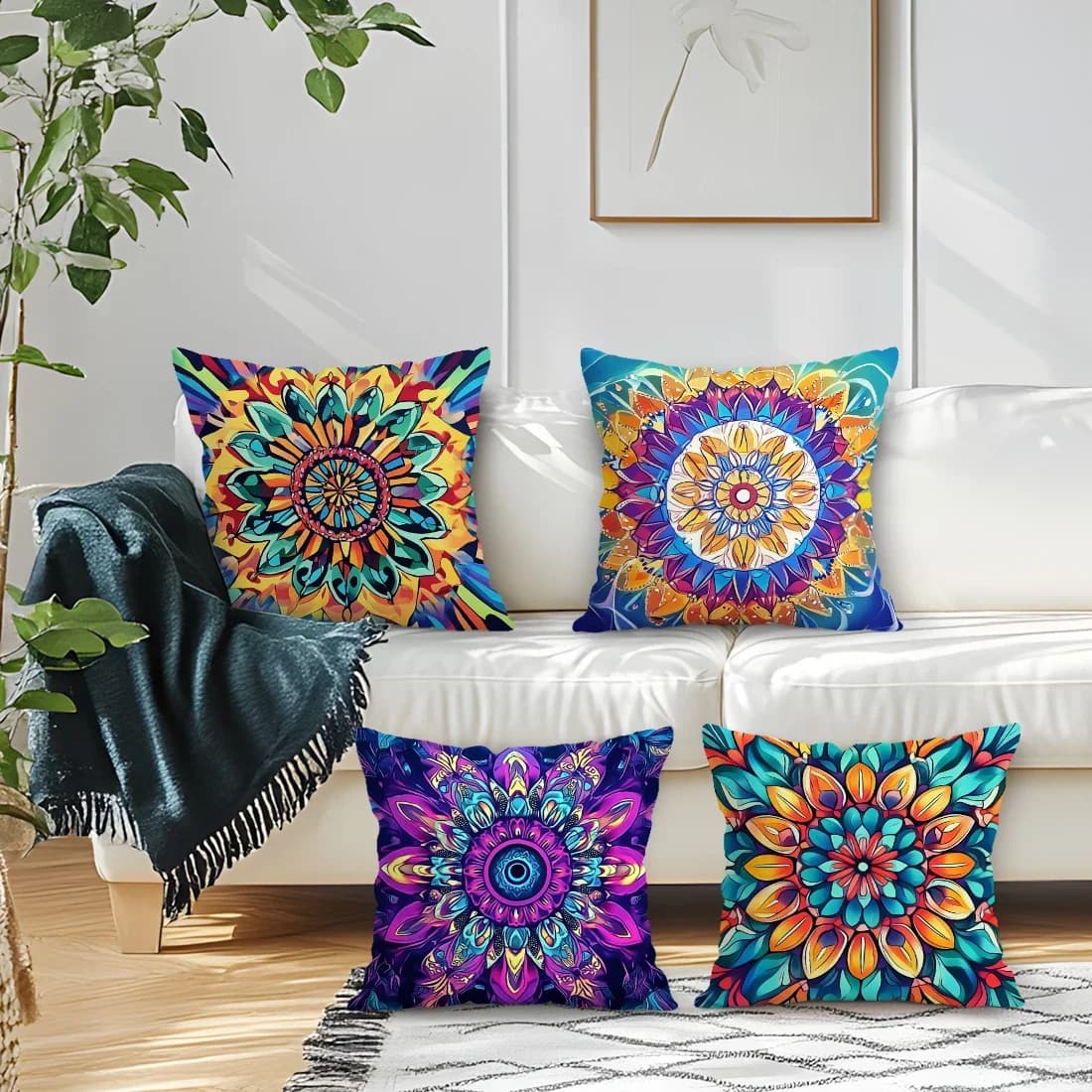 Set di 4 Copricuscini Boho Mandala Stampati su un Lato 40/45/50CM, Federe Decorative per Divano, Arredo Casa