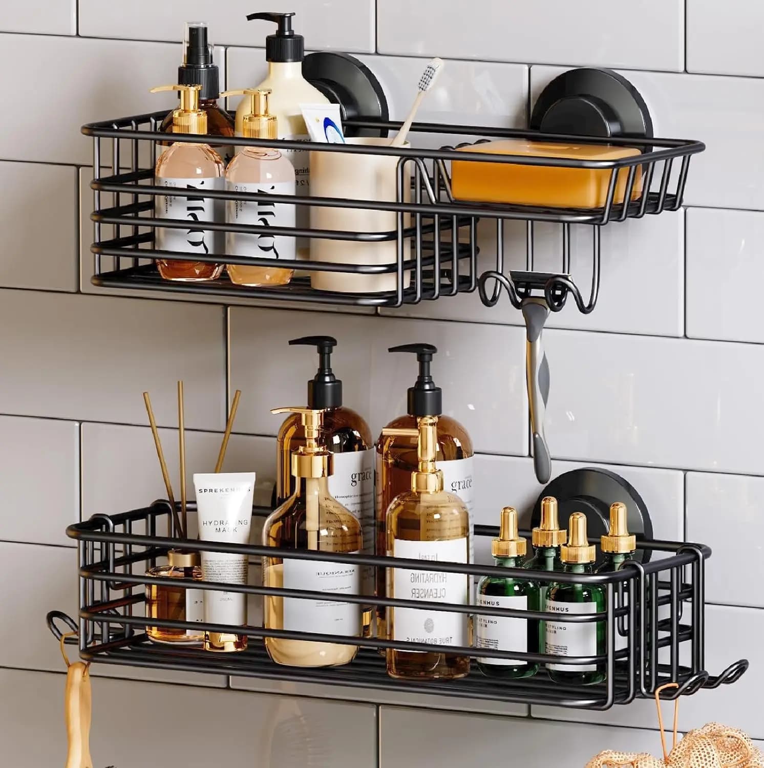 Set di 2 Portaoggetti da Doccia con Ventosa Rinforzata, Ganci e Portasapone, Organizzatore per Bagno Senza Foratura, in Metallo Nero