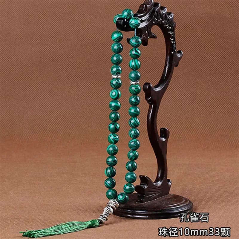 Braccialetti in pietra verde malachite da 10 mm Ciondolo nappa 33 perline di preghiera Islamico musulmano Tasbih Allah Mohammed Rosario per donne uomini