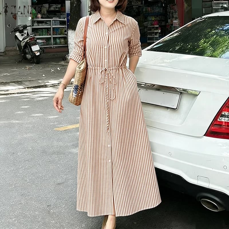ZANZEA Abito lungo casual a righe da donna primaverile, a maniche lunghe, con bottoni, coulisse in vita, abito chemisier con colletto, abito da vacanza per donna