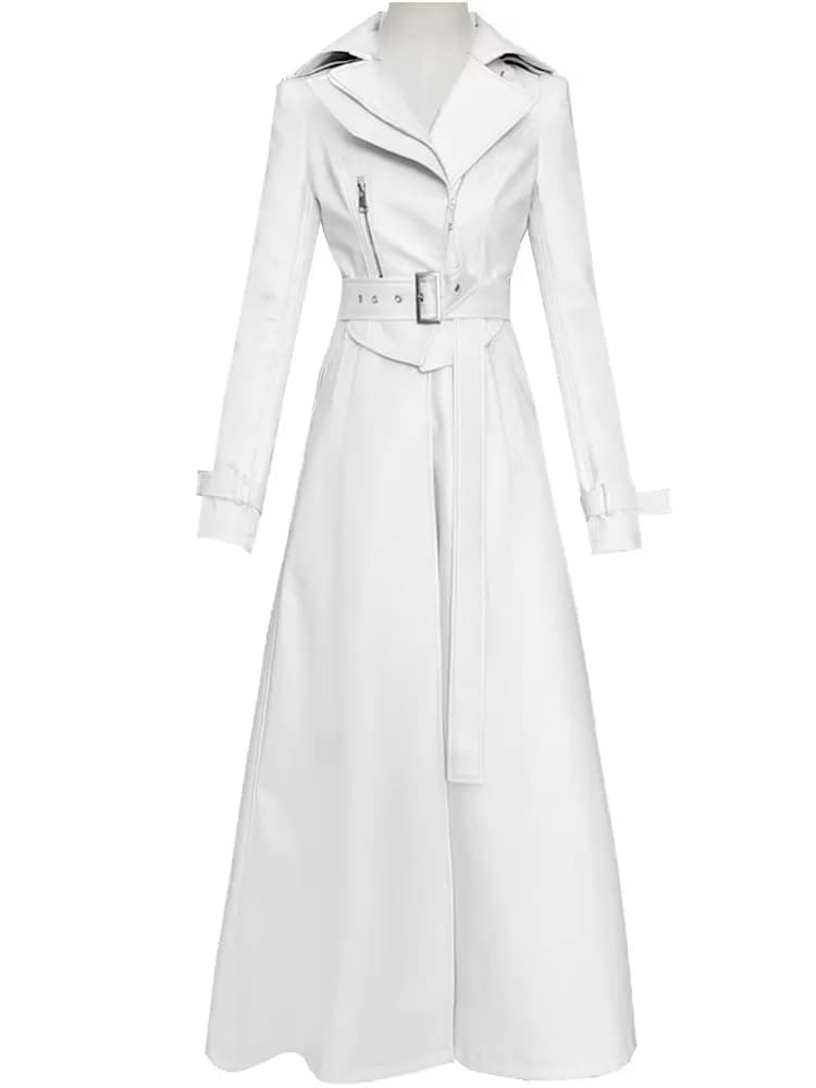 Mauroicardi Primavera Autunno Bianco aderente lungo cappotto in pelle Pu donna cintura con cerniera elegante chic designer di lusso falso 2 vestiti 2024