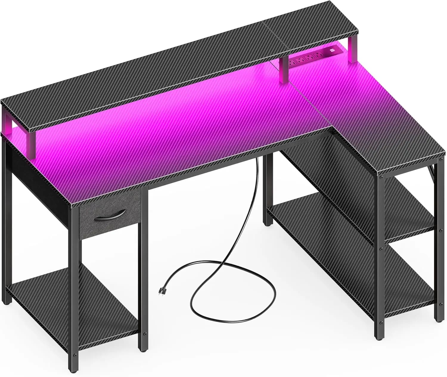 Scrivania da Gaming a L da 47 Pollici con Luci LED, Prese di Corrente, Ripiani e Cassetto, in Fibra di Carbonio Nera per Ufficio Domestico