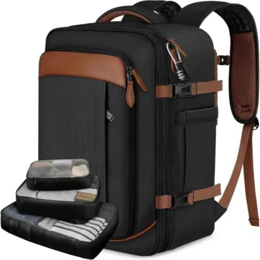 Zaino da viaggio da 40 litri approvato per il trasporto aereo, bagaglio a mano per uomo e donna, borsa da weekend espandibile con 3 cubi organizer, resistente all'acqua e anti-T.