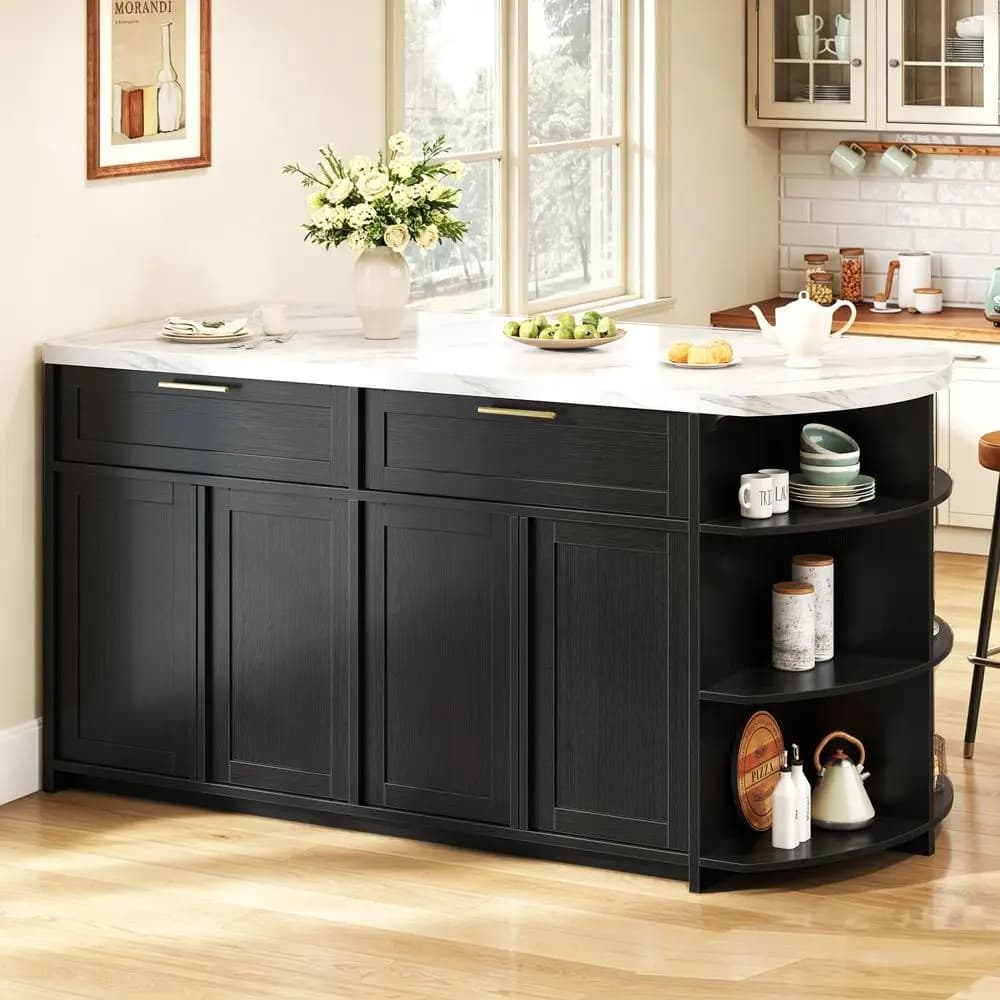 Island with Storage and Seating Include 2 Bar Stools, 47 Solid Rubberwood Top Kitchen Island with Trash Can Storage, Power Outl