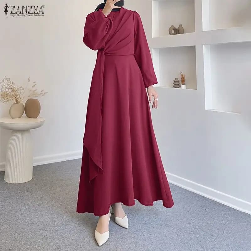 Abito Hijab Musulmano ZANZEA 2026, Vestito Lungo Elegante da Donna per Primavera, Maniche Lunghe con Lacci, Abito da Festa per Ramadan, Tinta Unita