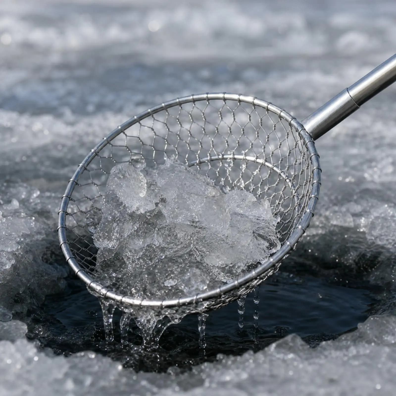Stainless Steel Ice-Fishing Skimmer Net Adjustable Ice Fishing Skimmer with Wire-Mesh Basket Anti-Slip for Cold-Weather Tackle