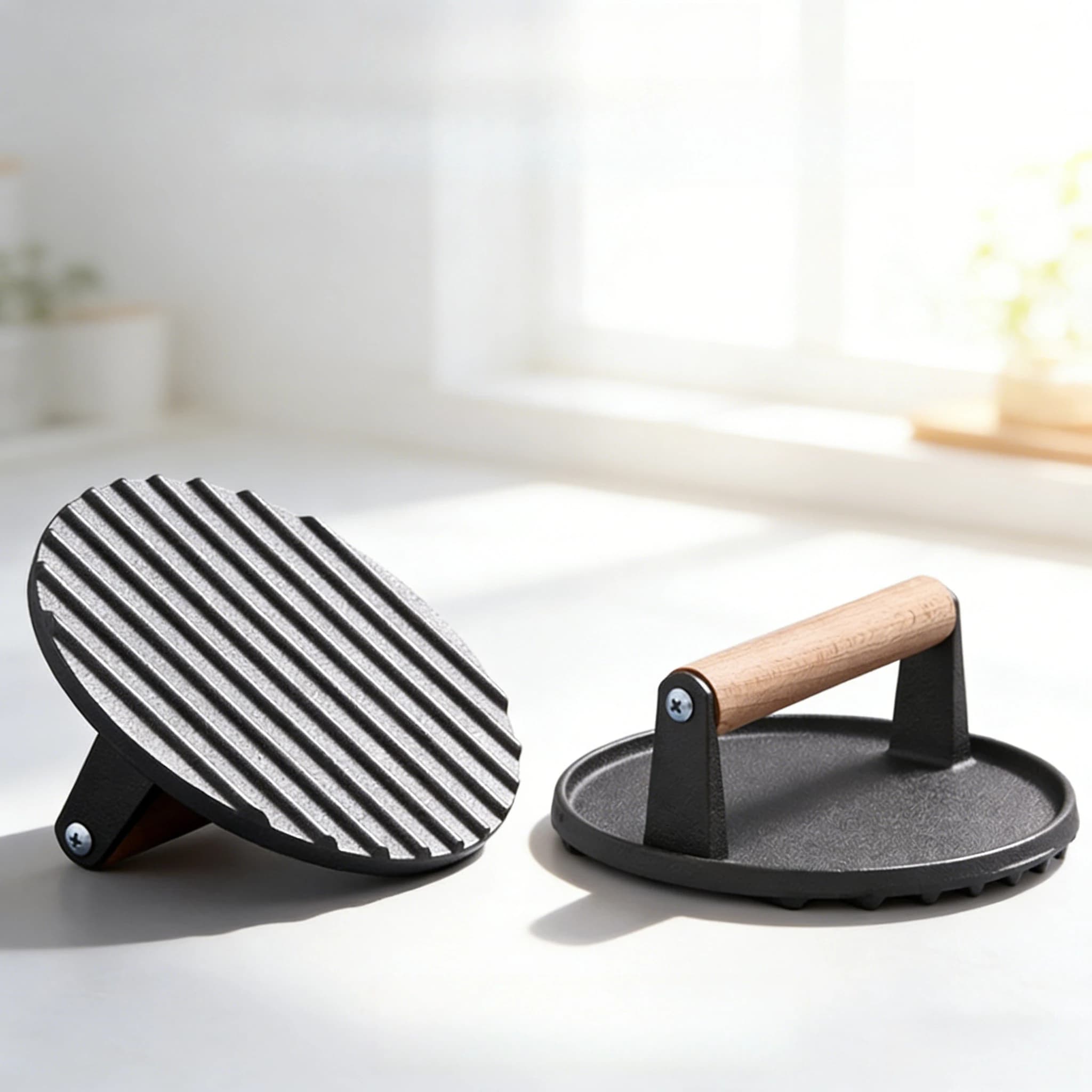 JUSTINLAU Piastra per Pressare la Carne Quadrata/Rotonda in Ghisa Non Rivestita con Manici in Legno, Utensile da Cucina per BBQ