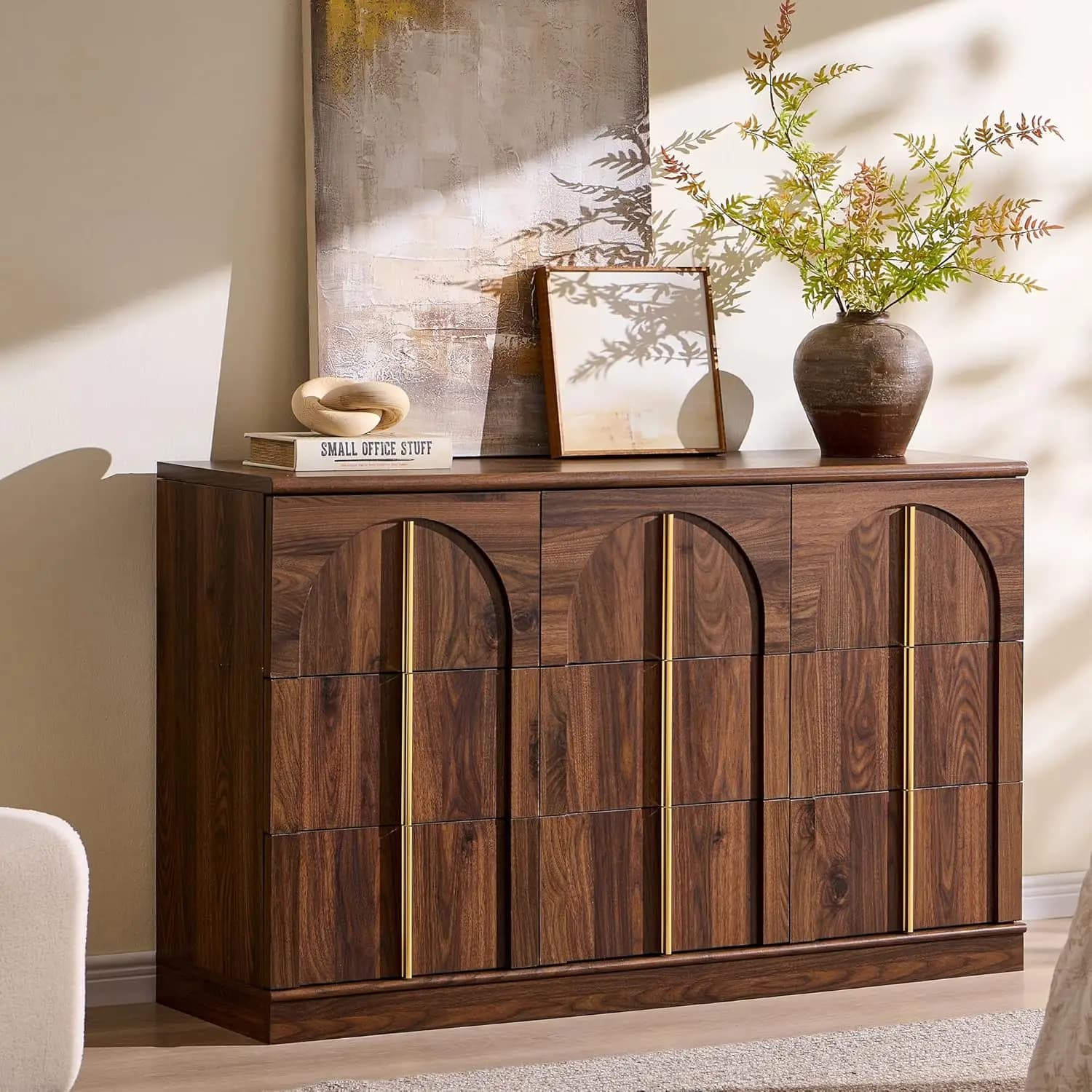 Cassettiera ad arco a 9 cassetti, 52 cm di larghezza, con bordi arrotondati, maniglie in metallo, mobile contenitore in legno, porta TV per soggiorno e corridoio, marrone