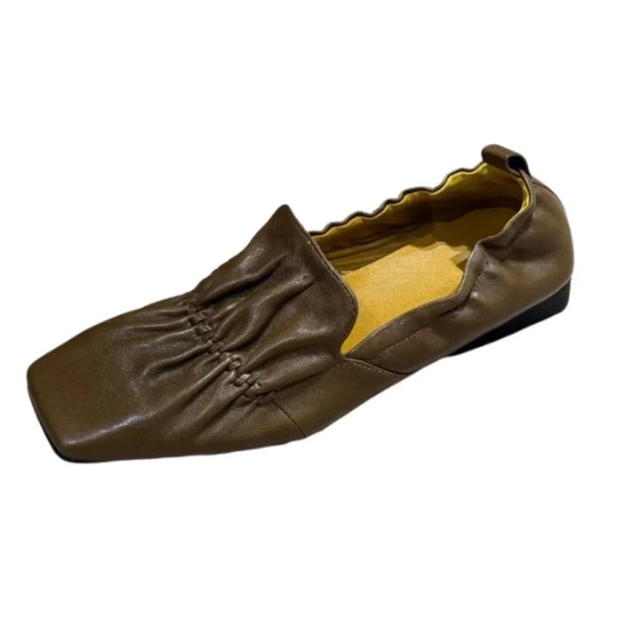 Women Square Toe Ruched Leather Flat Shoes Slip‑on Loafers Ladies Soft Leather Casual Daily Walking Ballet Flats Footwear BH0116