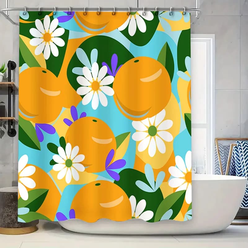 Tenda da doccia con frutta arancione brillante Tappetino da bagno decorativo Tende da doccia con stampa impermeabile per bagno Blu Bianco Verde Giallo Flo