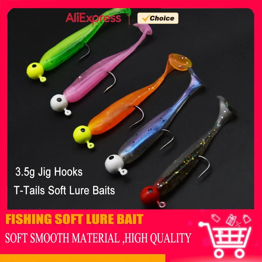 MrLurion 25 pieces per box, 5 cm T-tail soft baits, worm-shaped baits for fishing, with 3.5 g jig head ami, crankbait.