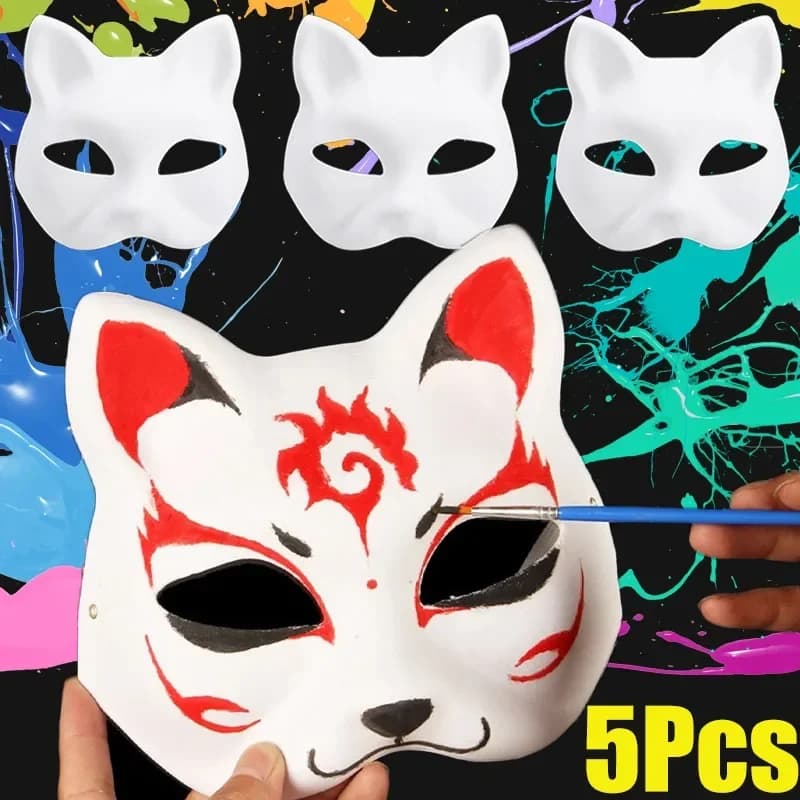New Halloween Mask Half Face Hand-painted Blank Cat Fox Mask for Unisex Anime Demon Slayer Cosplay Masks Festival Party Props