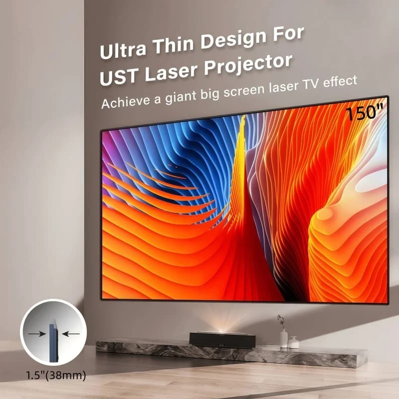 Schermo a cornice fissa con bordo ultra sottile e l'ultima tecnologia ottica Fresnel per proiettore UST con tenda anti-luce ambientale per proiezione a soffitto.