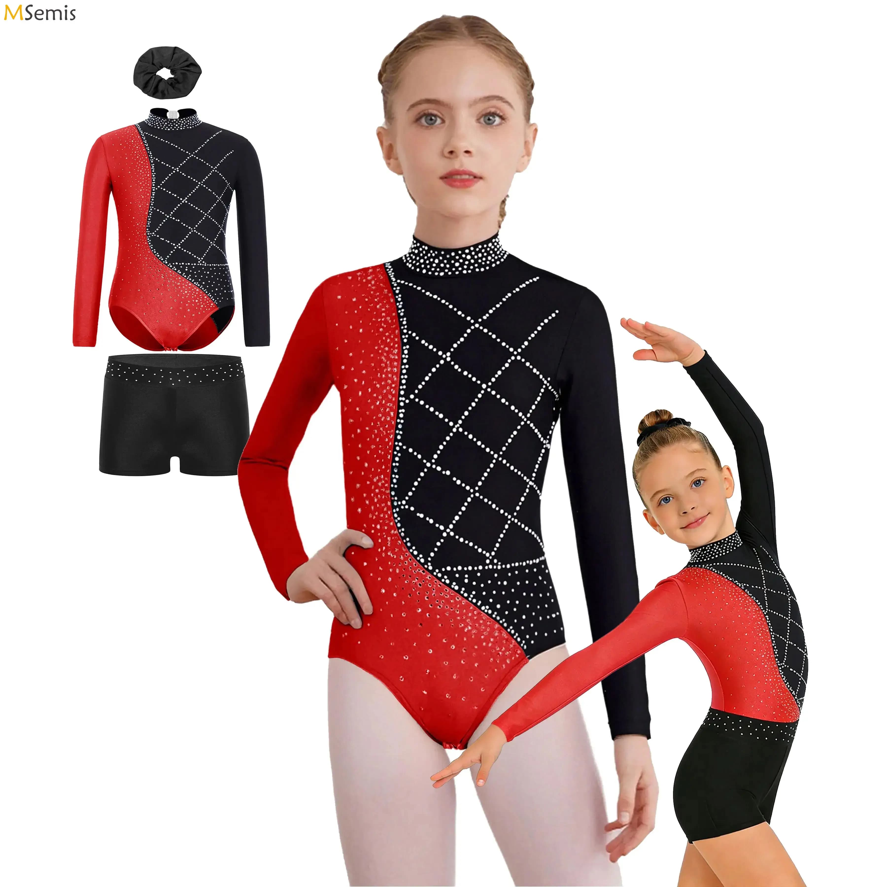 Body per Ginnastica Ritmica per Bambine con Strass, Tuta Metallica a Contrasto, Abbigliamento per Danza, Balletto e Pattinaggio Artistico