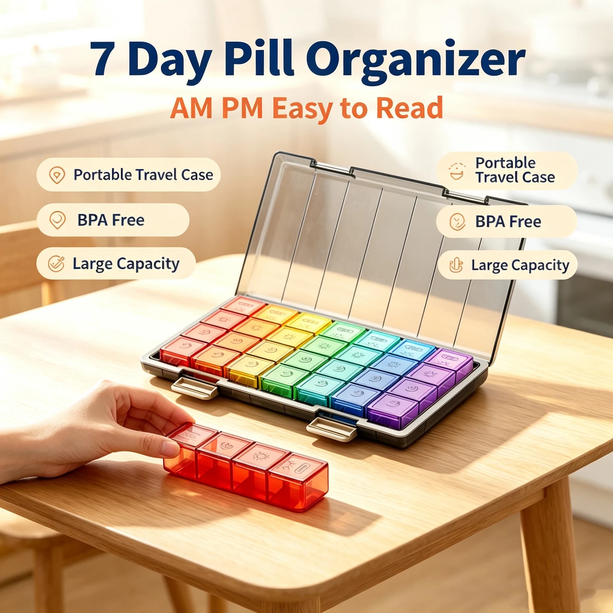 Weekly Pill Organizer 7 Day 4 Times BPA Free Portable Travel Medicine Box Large Capacity AM PM Daily Vitamin Pill Storage Case