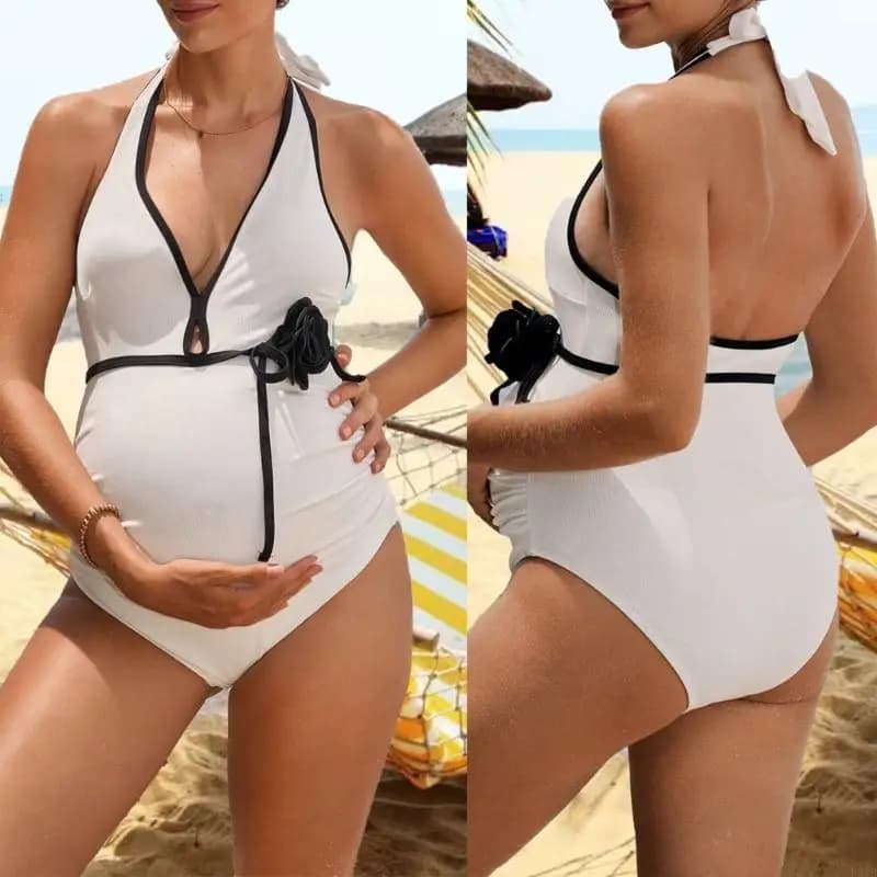 Costume da bagno premaman a copertura totale sicuro con tessuto in poliestere asciugatura rapida Scollo all'americana Accento