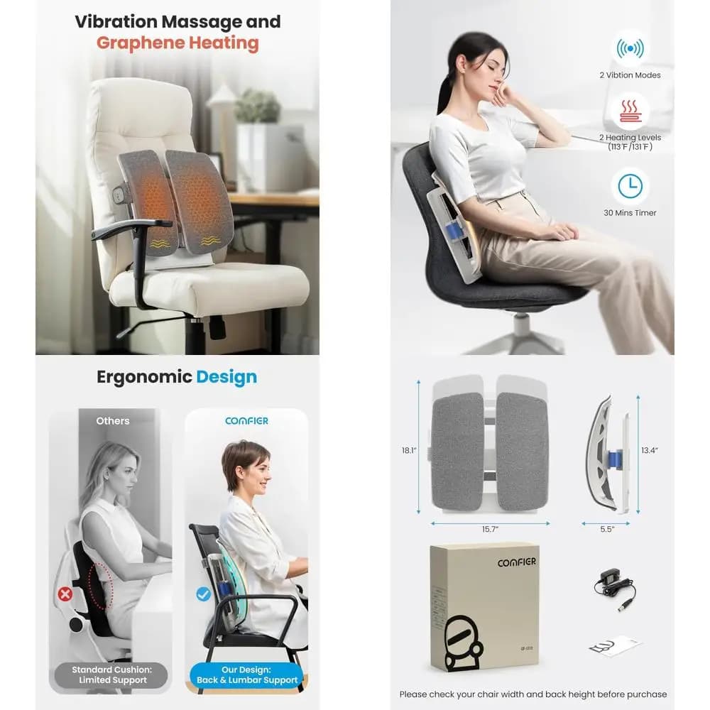 Cuscino di supporto lombare con massaggio vibrante, altezza regolabile fino a 18,1 cm - Ideale per sedie, regali confortevoli per i genitori