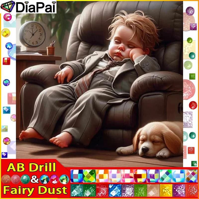 DIAPAI Fairy Dust AB Full Diamond "Boy Dog ​​Alarm Clock" DIY 5D Diamond Painting Cross Stitch Home Decor Picture Of Rhinestone