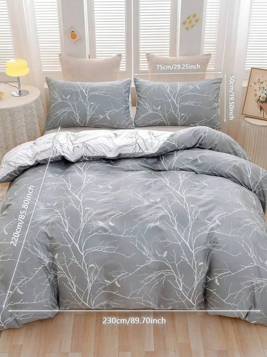 3pcs Microfiber Duvet Cover Set With Botanical Branch Print For Adult Bedding