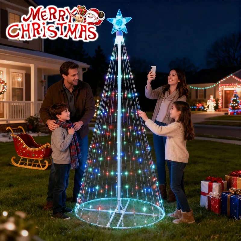 Solar-Powered LED Waterfall String Lights Christmas Tree Topper Five Point Star Waterfall Design Outdoor Garden Decor