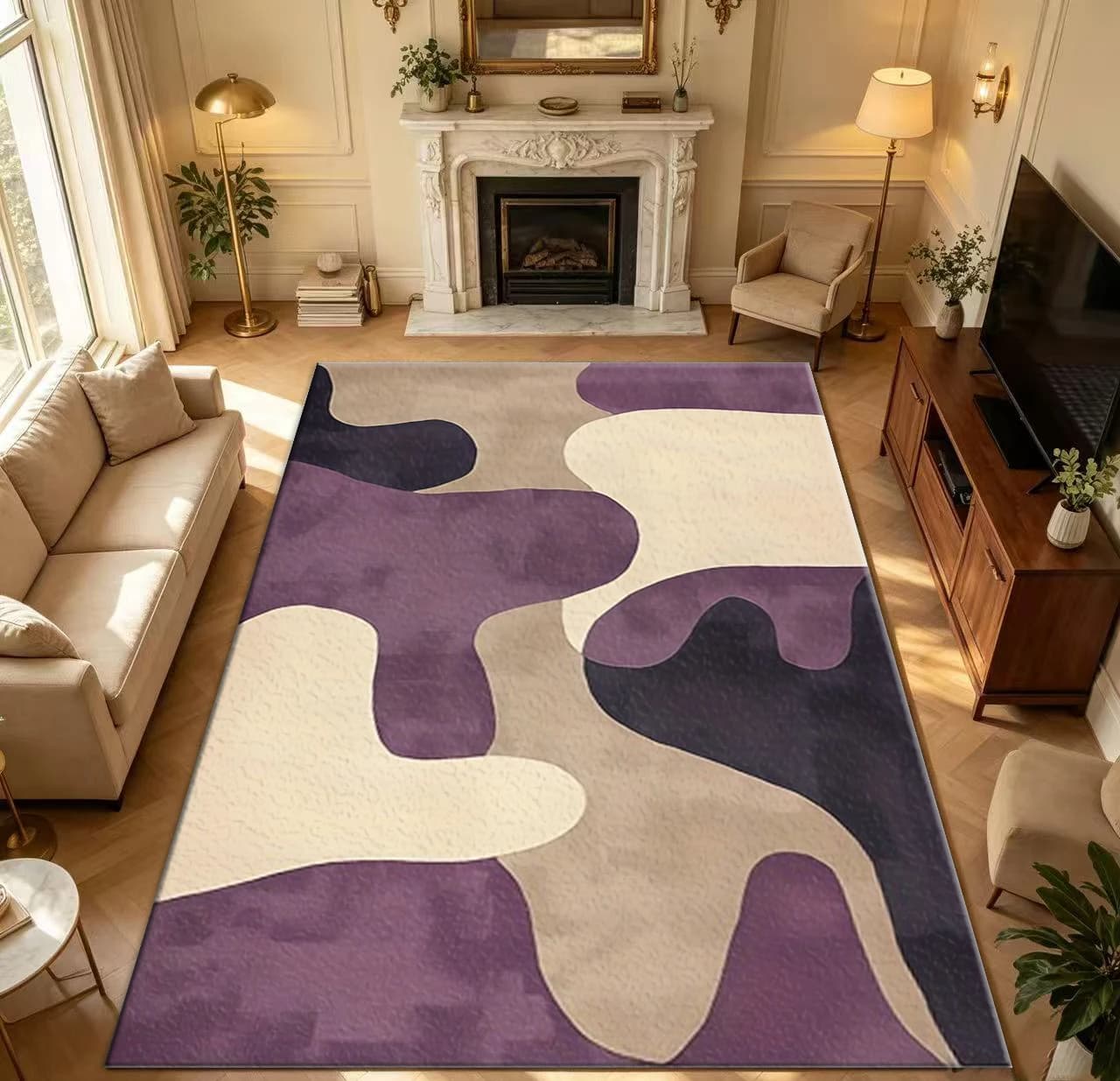 Modern Purple Beige Abstract Blob Area Rug Contemporary Irregular Shape Carpet Non Slip Washable Living Room Bedroom Floor Mat