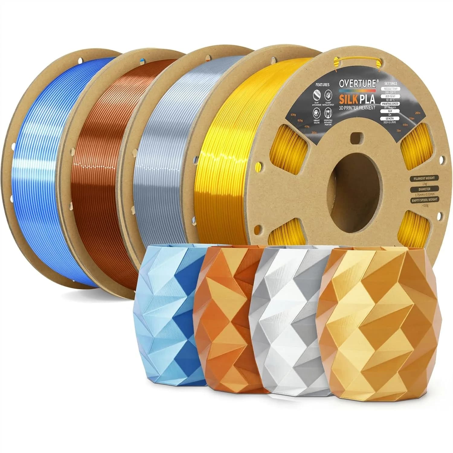 Set di 4 Rotoli di Filamento PLA Seta, Finitura Metallica Lucida per Stampanti 3D 1.75mm, Anti-intasamento per Modelli Artistici e Decorativi
