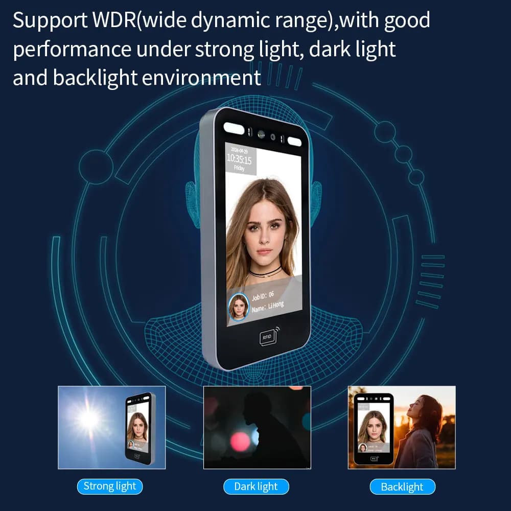 Macchina di Rilevamento Presenze con Riconoscimento Facciale AI, Schermo Touch HD 8 Pollici, 50000 Volti, Sblocco in 0,2s, Telecamera a Infrarossi WDR, Montaggio a Parete, 500000 Registrazioni