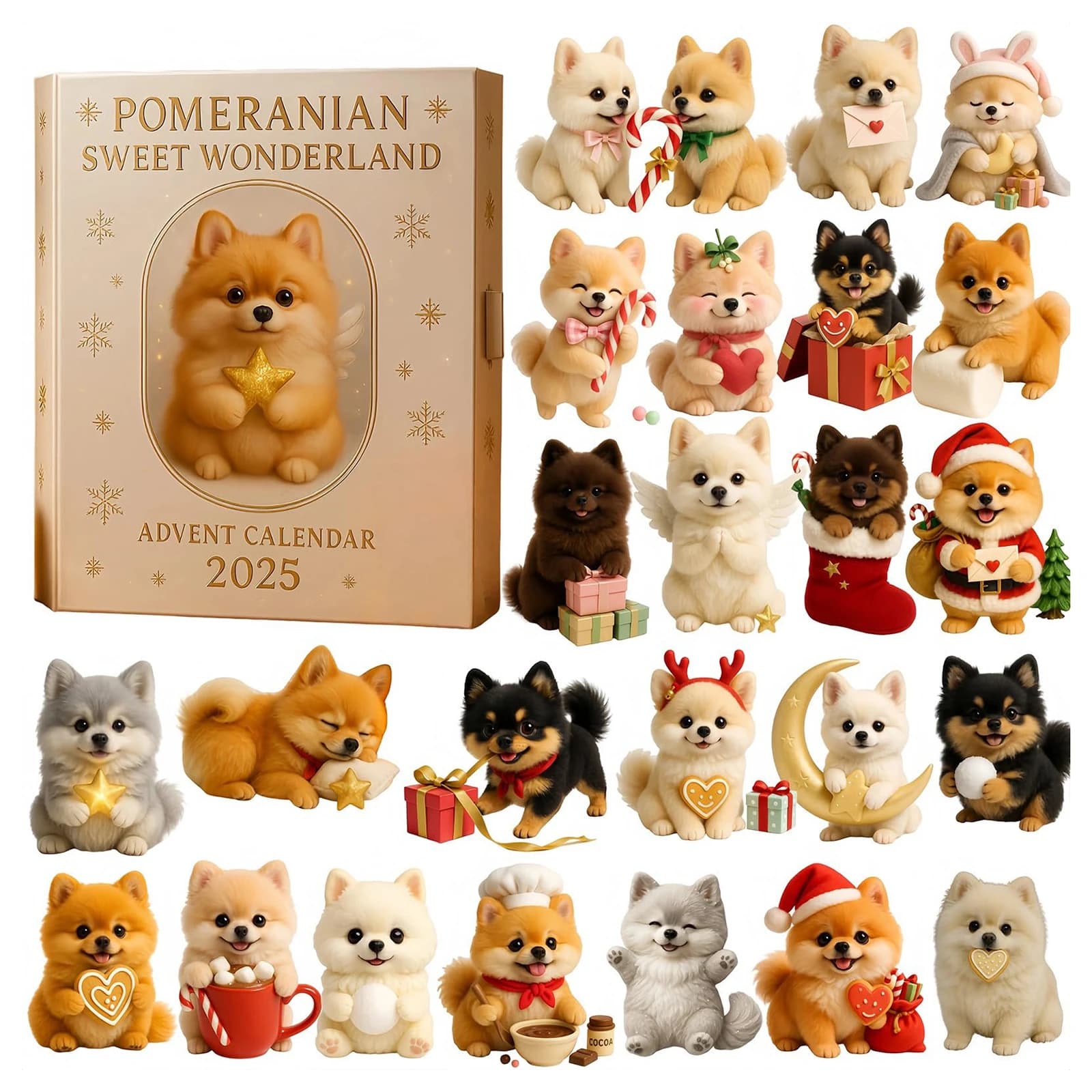 Calendario dell'Avvento Natalizio Pomeranian Sweet Wonderland con 24 Bambole 2D, Calendario Conto alla Rovescia per Regali di Natale in Famiglia
