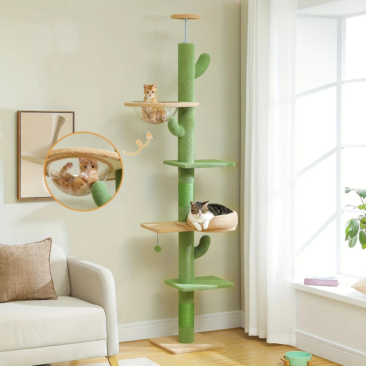 Albero per Gatti Regolabile in Altezza da 87"-100", Torre per Gatti a 5 Livelli a Forma di Cactus con Amaca Sostituibile, Tiragraffi Super Robusto da 4,1" Verde