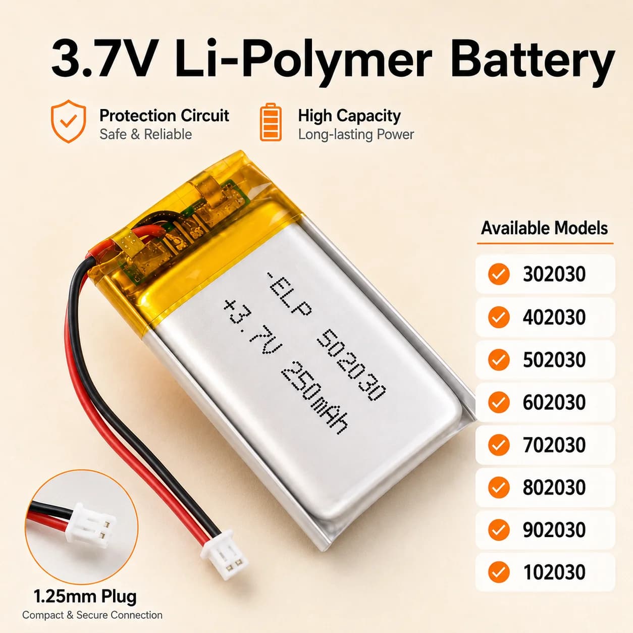 Battery Lipo 3.7V 250mAh JST 1.25 2P for Mini Drone, RC Toys, Bluetooth Speaker, Dash Cam - Rechargeable Cells 502030 402030 602030