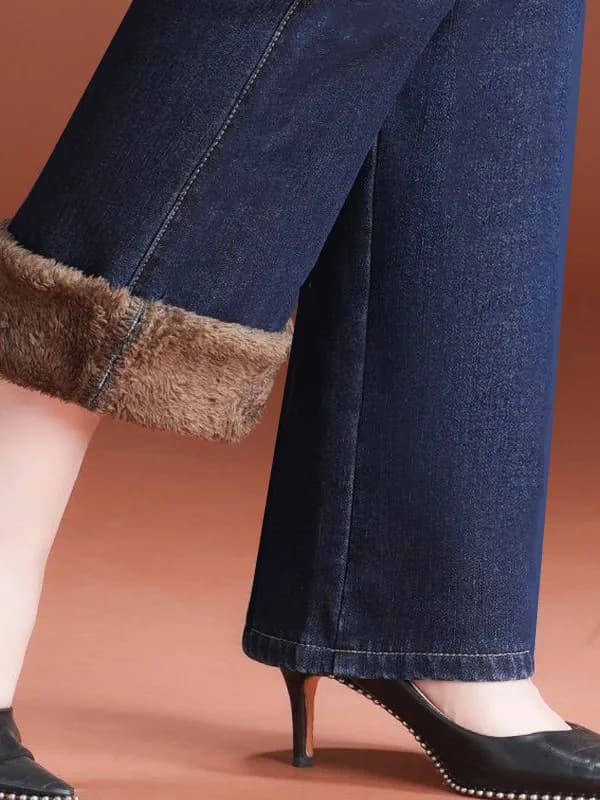 Inverno Nuovo plus Size Fce Foderato Thi Pantaloni a gamba larga Jeans da donna Vita alta Elastico Dimagrante Caldo Tubo lungo dritto Trou...