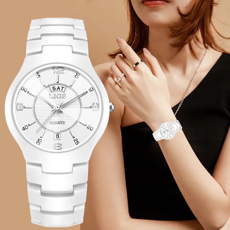 LIGE Elegant Luxury Quartz Woman Watch Fashion Date Week Ceramic Strap Clocks Simple Waterproof Ladies Women Watches Reloj Mujer