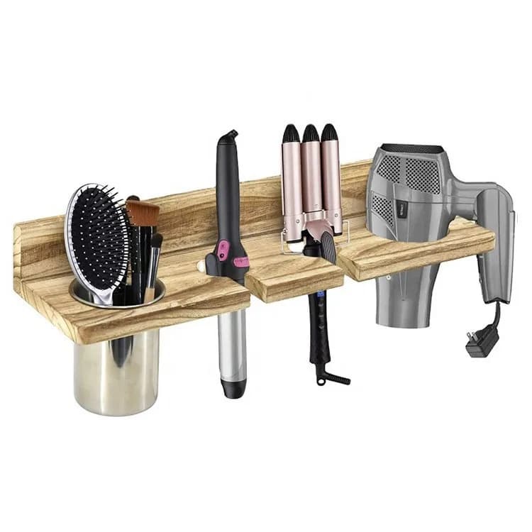 For hair dryers, combs and curling irons, solid wood support Organizer of wood hair tools - Wall bathroom shelf