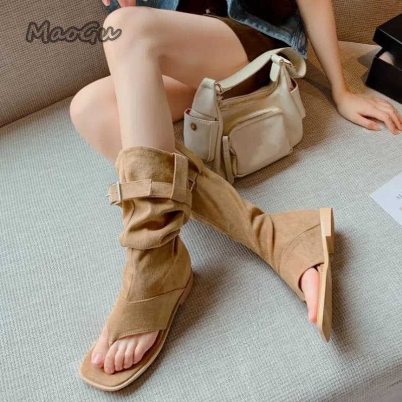 Stivali estivi Stivali aperti in velluto elastico da donna Tacco basso Fondo morbido Nero Marrone Scarpe comode con maniche Botas Para Mujer