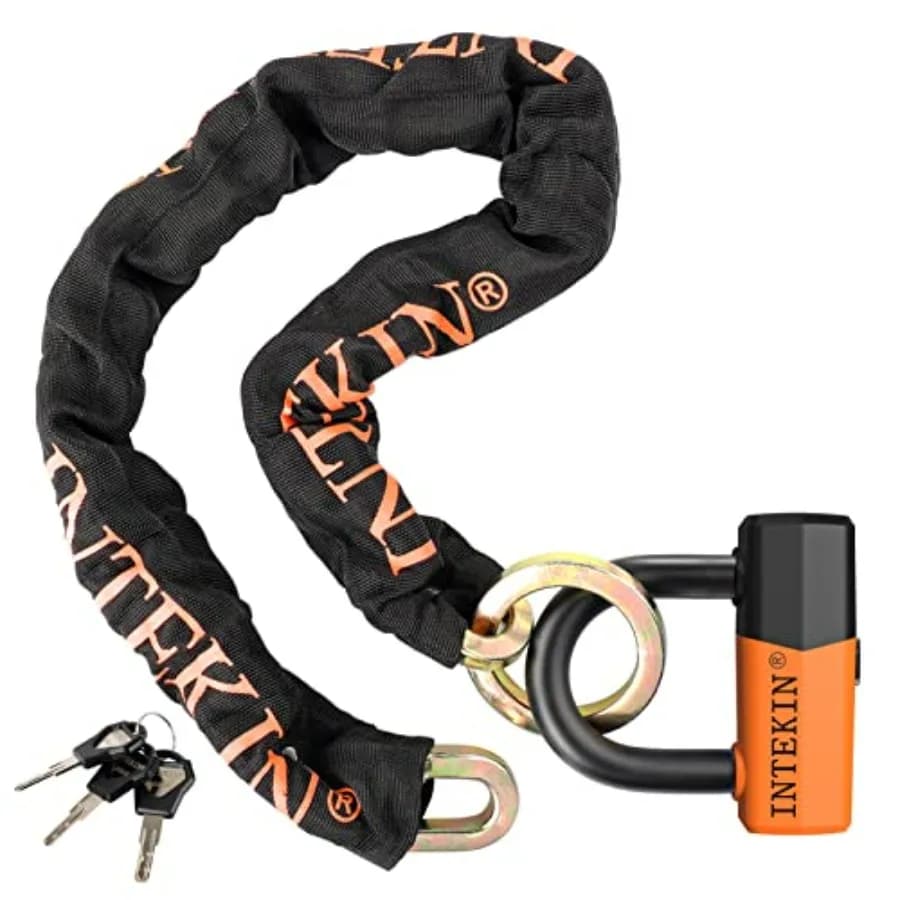 Catena di Sicurezza Resistente da 1,1 m - Catena Arancione Spessa 10 mm con Lucchetto a Disco da 16 mm per Moto, Scooter, Cancelli e Altro