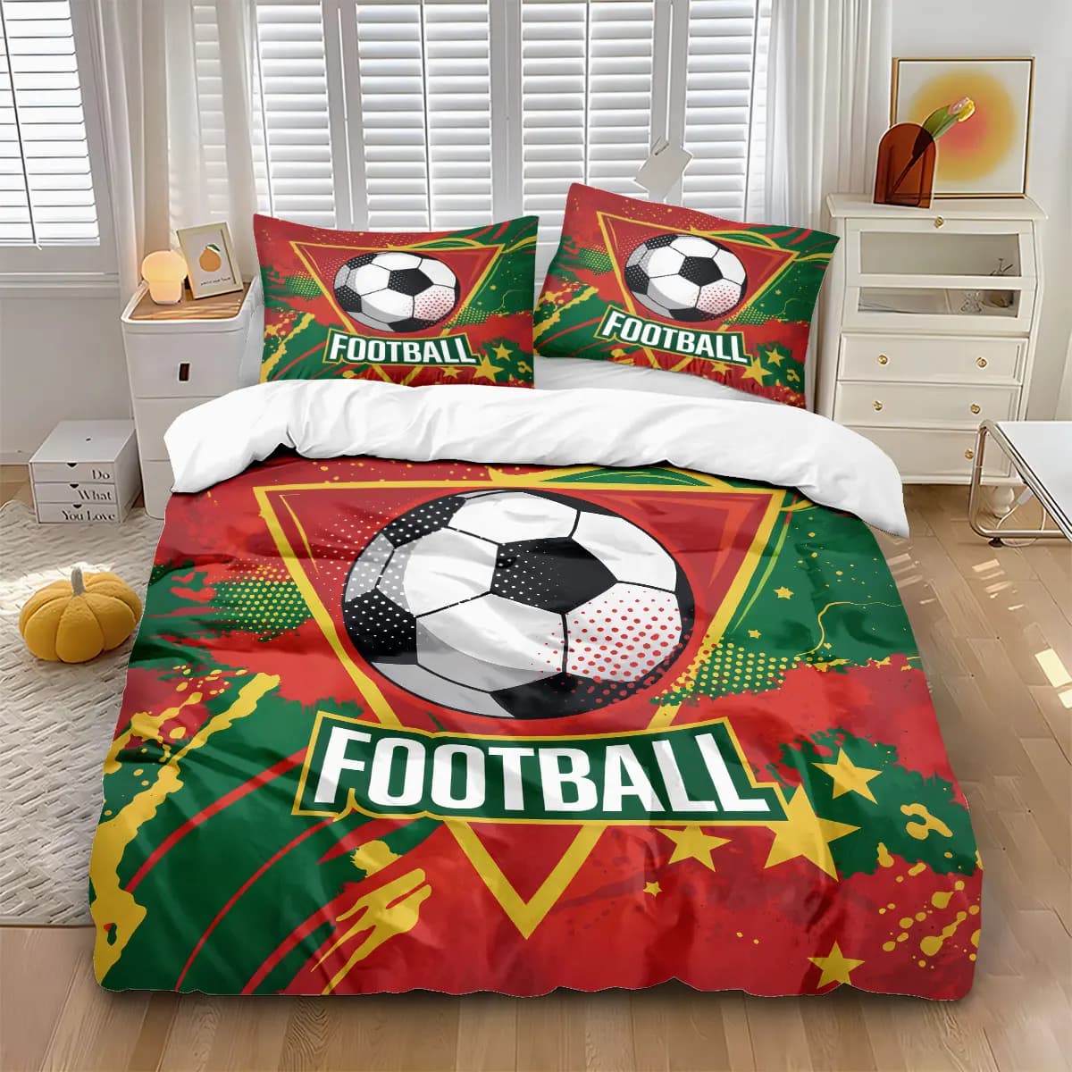 Set Copripiumino con Stampa Calcio 3 Pezzi, Set Biancheria da Letto a Tema Sportivo con Federe per Camera da Letto Ragazzi
