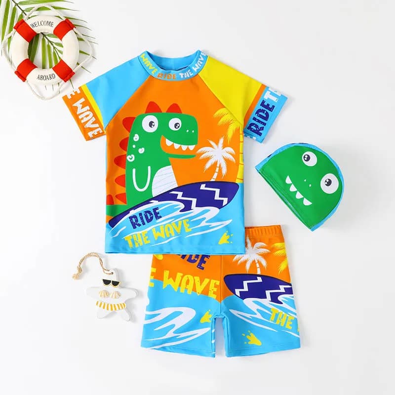 Children's swimsuit Set of three pieces of new boys in swimsuit for children Small swimsuit with quick drying head