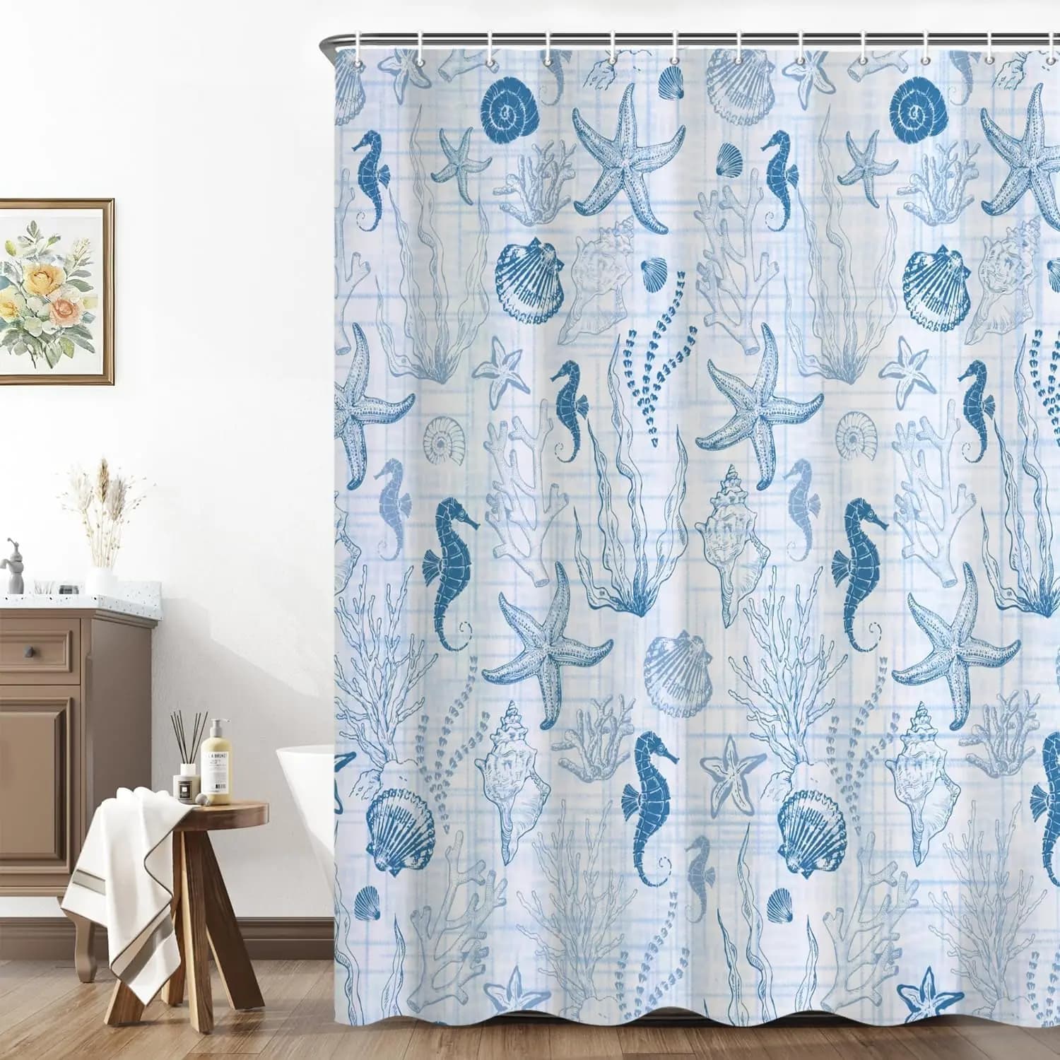 Blue Mermaid Sea Life Ocean Tropical Print Shower Curtain Bathroom Decor Polyester Coastal Nautical Mermaid Crab Skeleton Shower