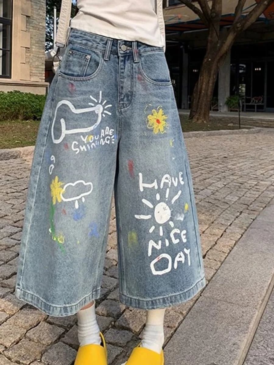 Graffiti Print Wide Leg Jeans Women's Summer Loose Concealing Versatile Commuting 7/8 Length Denim Pants Casual Style Blue