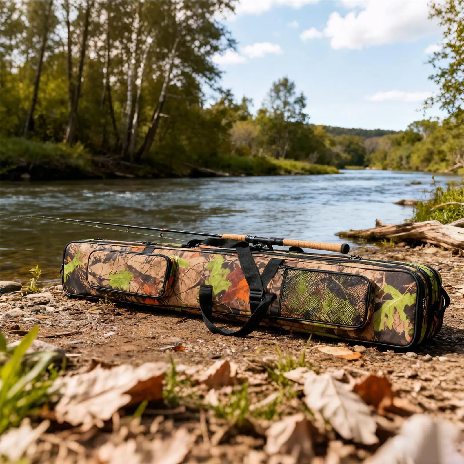 Bag for fishing rod Foldable Oxford rod holder with handle and adjustable strap Folding bag for fishing gear Oxford for reel
