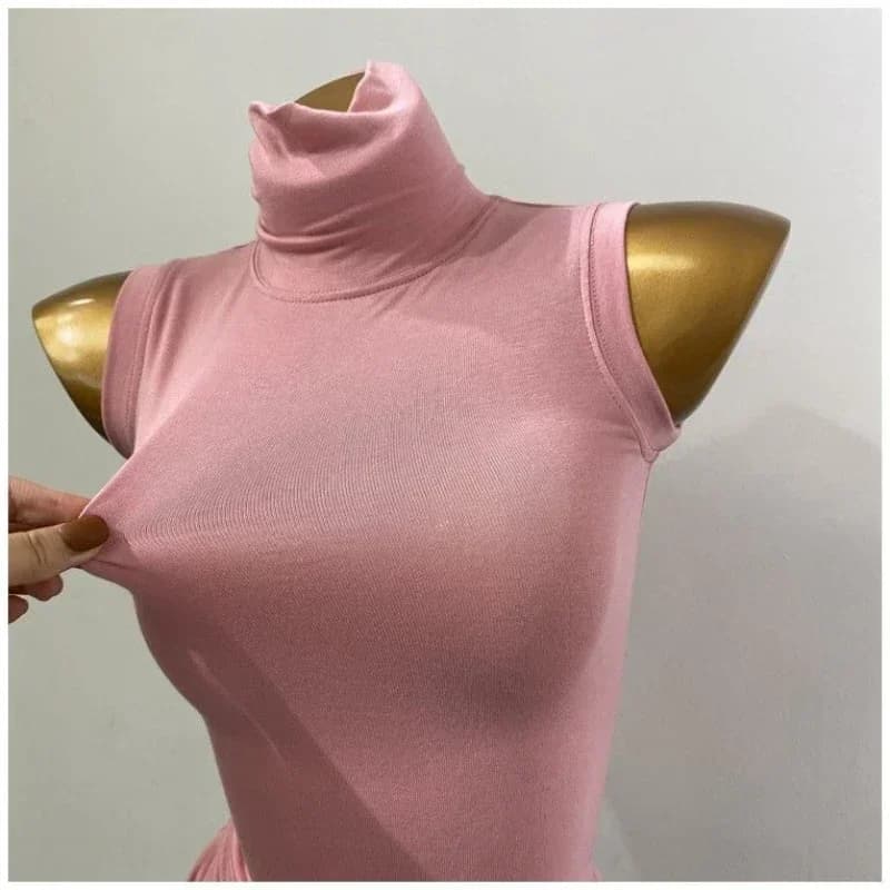 Vendita all'ingrosso nuova base magliette slim donna nuova estate crop top dolcevita alta resistenza senza maniche basic semplice skinny tinta unita maglietta