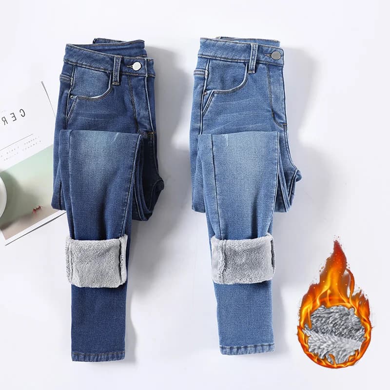 Vendita calda inverno vita alta jeans termici da donna donna neve pantaloni in denim in pile caldo femminile comodi pantaloni in peluche solidi