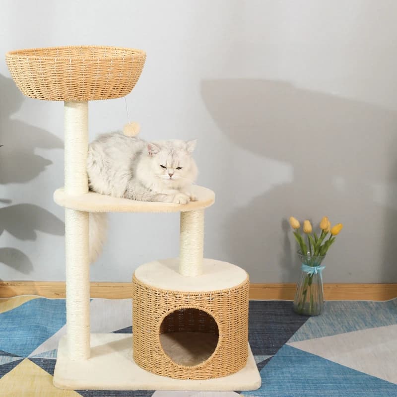 Torre Tiragraffi per Gatti in Legno con Cuccia e Giocattoli, Design Intrecciato