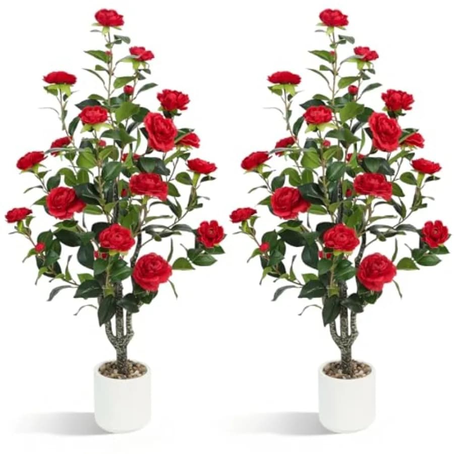 Albero di Camelia Artificiale, Confezione da 2, 1m (3.3FT) con 30 Fiori in Fiore e Vaso, Alberi Finti in Vaso da 100cm (40") di Altezza, Realistici