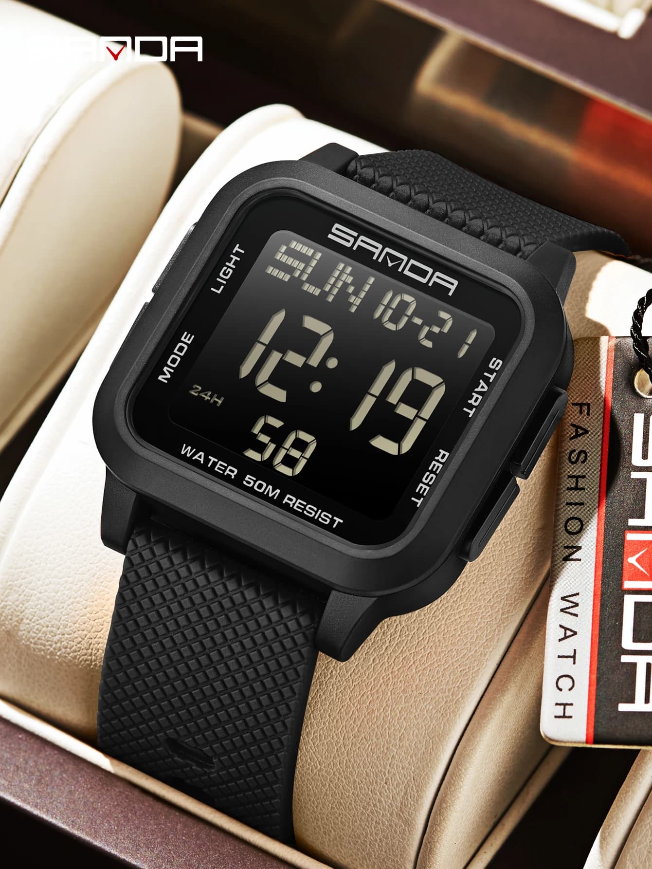 SANDA Waterproof Casual LED Digital Watch Mens Multifunctional Timing Electronic Clock Calendar Alarm Military Square Watch
